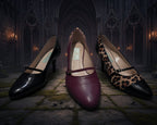Blair's Gothic Mary Jane pumps  are lined up on a light beige surface. The left shoe is black patent leather, the middle is  bordeaux leather, and the right is a leopard print pony material.