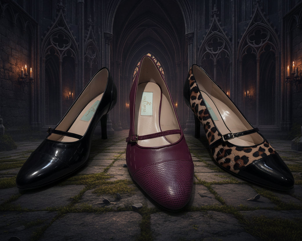 Blair's Gothic Mary Jane pumps  are lined up on a light beige surface. The left shoe is black patent leather, the middle is  bordeaux leather, and the right is a leopard print pony material.