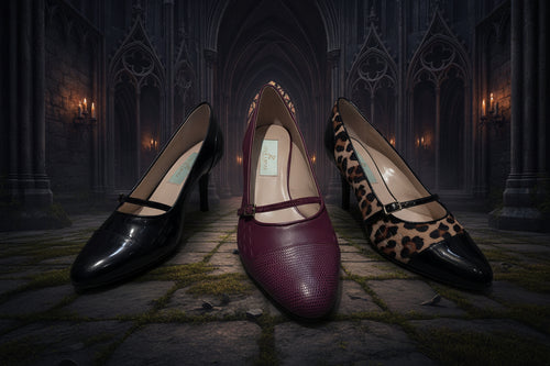Blair's Gothic Mary Jane pumps  are lined up on a light beige surface. The left shoe is black patent leather, the middle is  bordeaux leather, and the right is a leopard print pony material.