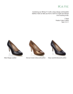 A product information page from Kate showing three women's pump shoes on a white background with text describing the models and specifications. The shoes are labeled Black Nappa Leather, Bronze Snake Embossed Leather, and Navy Lizard Embossed Leather.
