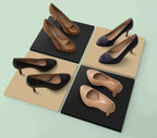 Four Kate women's high-heeled pumps in different colors are arranged on black and beige display blocks against a pale mint background. The shoes include black, bronze, navy, and beige (nude)  styles.