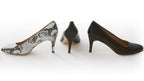 Salem leather pumps shown in black/white snake, and black side and back views against a white background.