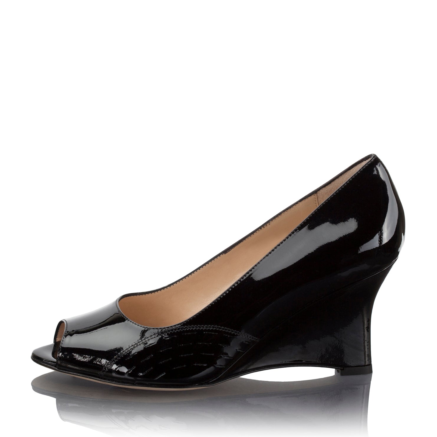 A single black patent leather wedge pump with an open toe, shown from a side profile on a white background with a soft reflection.